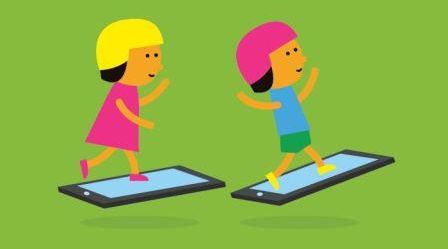Grafik mit zwei Kindern, die auf Tablets stehen