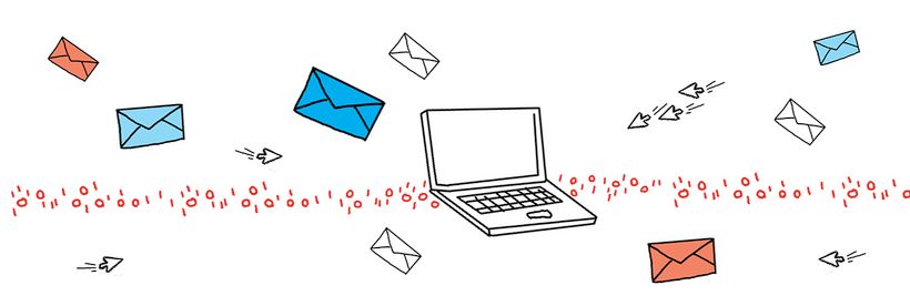 Zeichnung von einem Laptop um den Briefumschläge herum fliegen