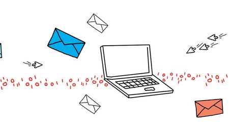 Zeichnung von einem Laptop um den Briefumschläge herum fliegen