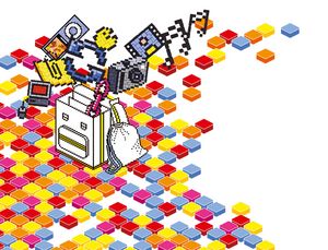 Illustration einer Schultasche aus der verschiedene Medien herausfliegen