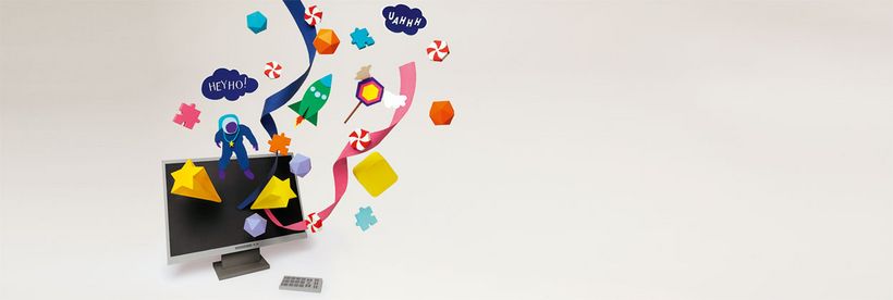 Fernseher aus dem bunten Figuren aus Papier fliegen