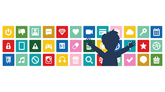 Grafik: Silouette eines Kindes, dahinter zahlreiche mediale Icons
