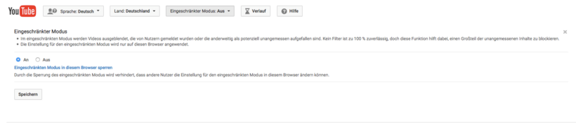 Der Screenshot von YouTube der zeigt, wie man den den eingeschränkten Modus einstellt