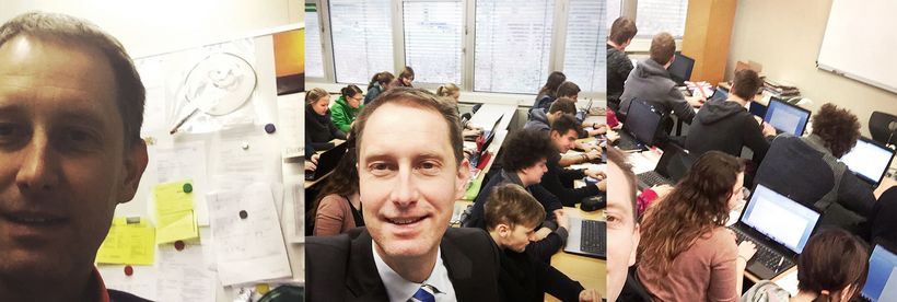 Collage aus drei Bildern mit Lehrer und Schülern