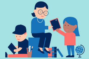 Grafik: Eine Lehrerin arbeitet mit Kindern an Tablets